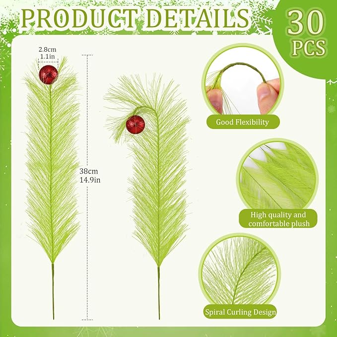 Hananona 30pcs 15" Christmas Picks and Sprays Christmas Tree Filler Green Curly Greenery Stems with Red Ball Xmas Artificial Stems for CraftsTree Decor, Vase Fillers, Home Decorations (30, Green)