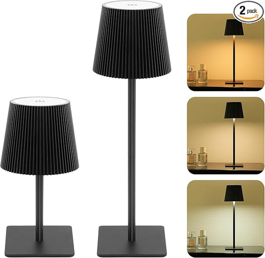 LUTEC 2 Pack Cordless Table Lamp,6000mAh Rechargeable Battery Operated Desk Lamp,Two Adjustable Heights,Waterproof, Touch Control & 3 Color Stepless Dimming for Restaurant/Bedroom/Bars/Outdoor (Black)