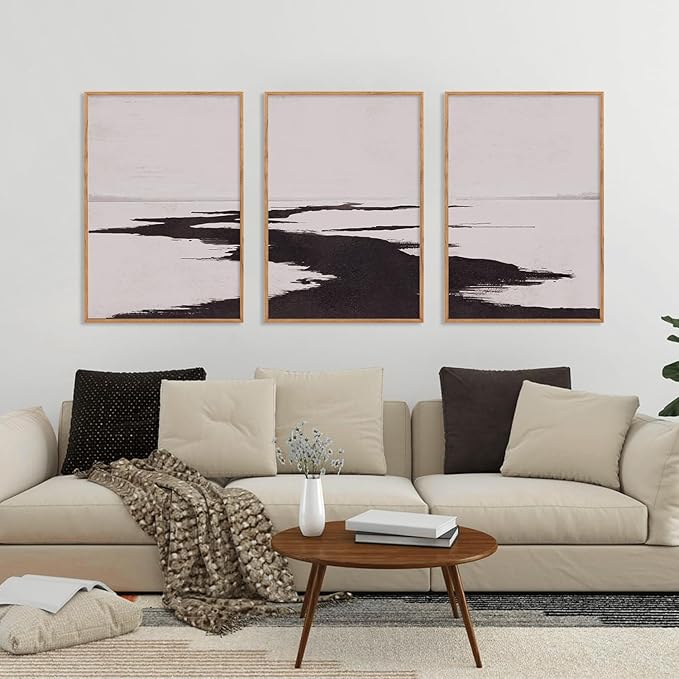 KAIRNE Abstract Neutral Lake Framed Wall Art Set, Neutral Shape Wall Painting, Abstract Black and Grey Landscape Wall Decor, Modern Watercolor Art Print for Living Room, Bedroom, Office - 24"x36"x3