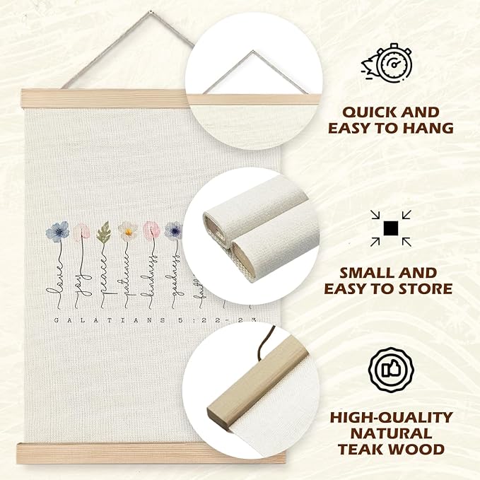 Supwhd Fruit of the Spirit Wall Art with Wooden Poster Hanger, Boho Floral Christian Bible Verses Posters Wall Art Decor, Christian Wall Decor Home Decor Room Decor, 12x16