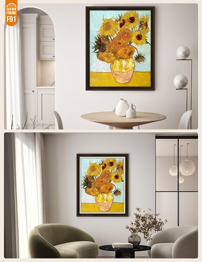 DECORARTS - Twelve Sunflowers, Vincent Van Gogh Art Reproduction. Acid Free Cotton Canvas Giclee Print w/Bronze Frame&Mat for Wall Decor.