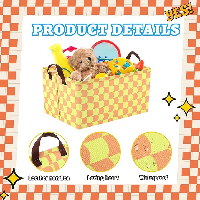 3 Pack Storage Baskets Waterproof Canvas with Leather Handles Storage Bins Basket Organizer Collapsible for Closet Clothes Room Decor(Black, Yellow, Blue,Cartoon)