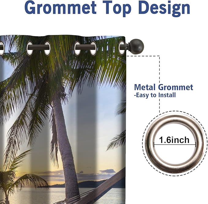 Jekeno Ocean Palm Trees Blackout Curtains Beach Sky Sunshine Seascape Seaside Scenery Decor for Home Bedroom Living Room Grommet Window Drapes 2 Panel Set, 42"x84"