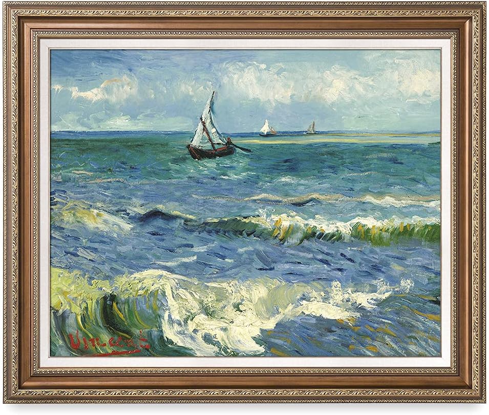 DECORARTS - The Sea at Les Saintes-Maries-de-la-Mer, Vincent Van Gogh Art Reproduction. Acid Free Cotton Canvas Giclee Print w/Bronze Frame&Mat for Wall Decor.
