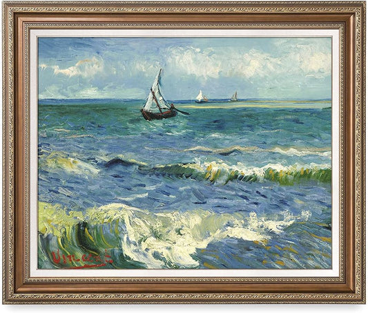 DECORARTS - The Sea at Les Saintes-Maries-de-la-Mer, Vincent Van Gogh Art Reproduction. Acid Free Cotton Canvas Giclee Print w/Bronze Frame&Mat for Wall Decor.