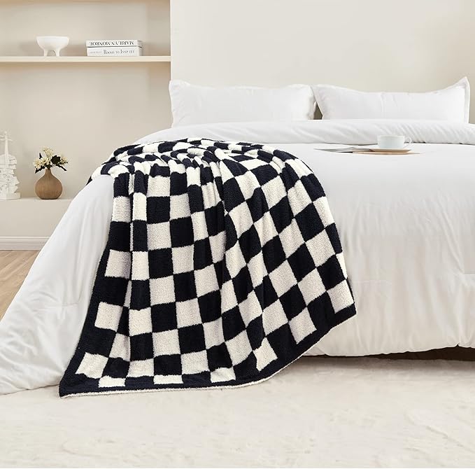 CozeCube Checkered Blanket, Ultra Soft Cozy Black and White Throw Blanket, Warm Cozy Knit Fuzzy Plush Checkerboard Throw for Couch Bed Sofa, 50"x60"