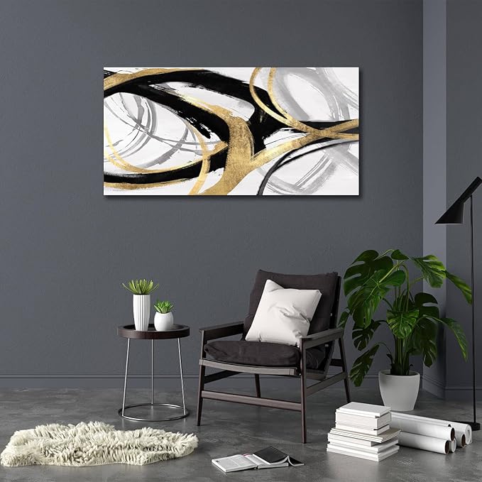 Kureful Gold Wall Decor - Black Canvas Wall Art for Living Room- Large Line Artwork - 20" x 40" Oil Painting Abstract Pictures for Bedroom Kitchen Home Office