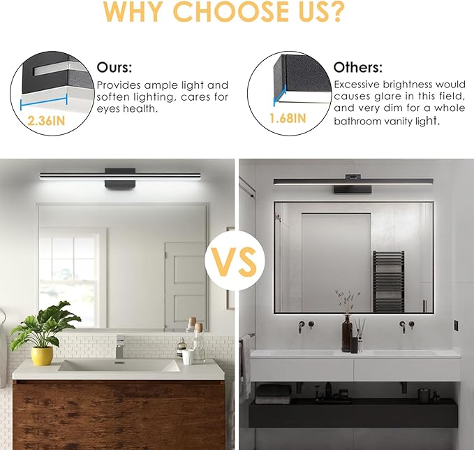 SineRise LED Modern Bathroom Vanity Light Bar (48-Inch, 3000K/4000K/6000K), Matte Black Dimmable Modern Acrylic Bathroom Wall Lighting Fixtures Over Mirror