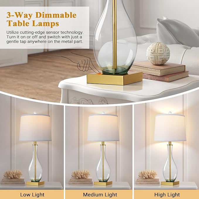 Table Lamps Set of 2 with Touch Control, 27" Bedside Desk Lamps for Nightstand Decorations, 3-Way Dimmable Modern Glass Table lamp with USB C and A Charging Ports, Gold (LED Bulbs Included)