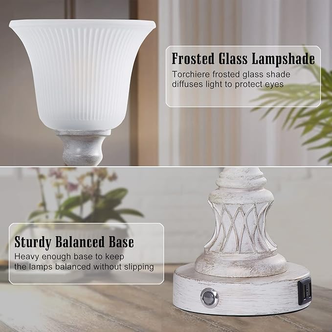 Luvkczc Touch Tall Lamps Set of 2, 18" Tall 3-Way Bedside Lamps with Glass Lampshade for Bedroom Living Room Farmhouse Office, Rustic Resin Table Lamps & Washed White