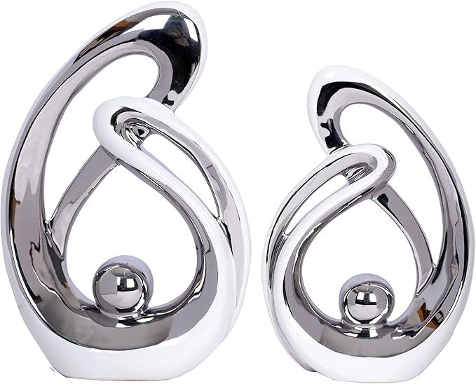 2 Pcs White and Silver Living Room Decor Table Sculpture Decorations Ceramic Statue Decor Mid Century Modern Decor Centerpieces for Dining Room Kitchen Fireplace Shelf Office Coffee Table Decor