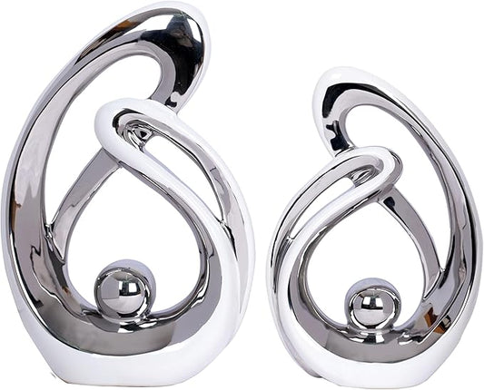 2 Pcs White and Silver Living Room Decor Table Sculpture Decorations Ceramic Statue Decor Mid Century Modern Decor Centerpieces for Dining Room Kitchen Fireplace Shelf Office Coffee Table Decor