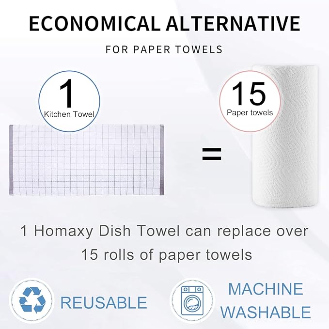 Homaxy 100% Cotton Terry Kitchen Towels(White, 13 x 28 inches), Checkered Designed, Soft and Super Absorbent Dish Towels, 4 Pack