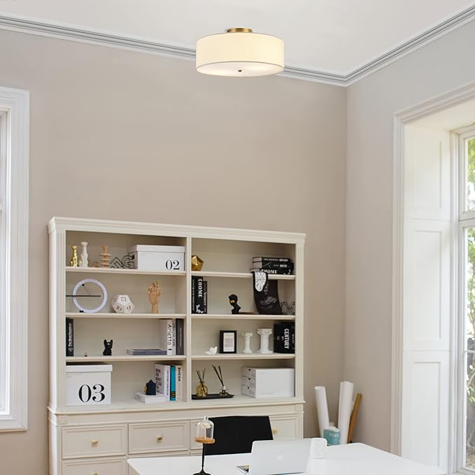 GLOBE Electric 60998 2-Light Flush Mount Ceiling Light, Matte Brass, White Linen Shade, E26 Base, Minimalist Lighting for Kitchen Island, Bathroom, Bedroom, or Dining Room, Home Decor