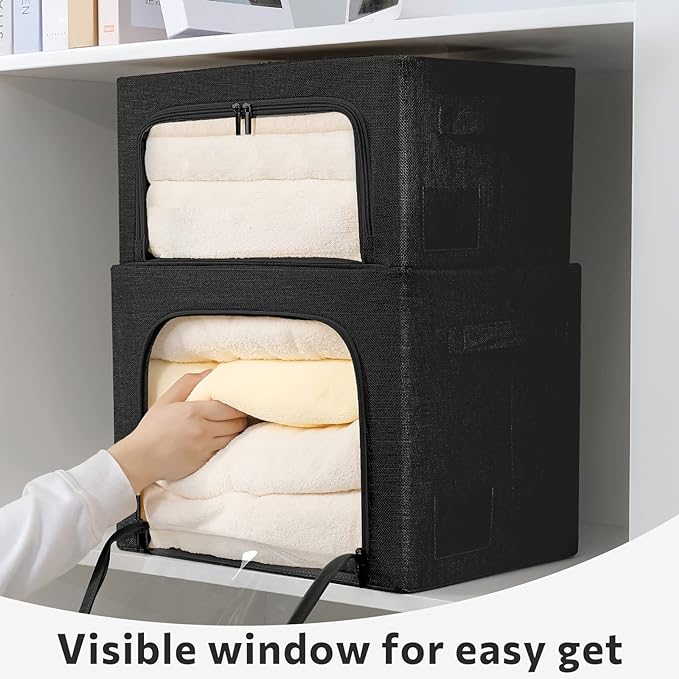 2 Pack Clothes Storage Bins Stackable Metal Frame Storage Box Foldable Linen Fabric Box Organizer with Carrying Handles and Clear Window (Black, 15.7x 11.8x 11.7 Inch)