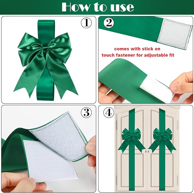 WILLBOND 4 Pieces Green Christmas Cabinet Ribbons Bows Large Bow Christmas Door Kitchen Cabinet Ribbon Bows Locker for Xmas Holidays Party Decorations Supplies