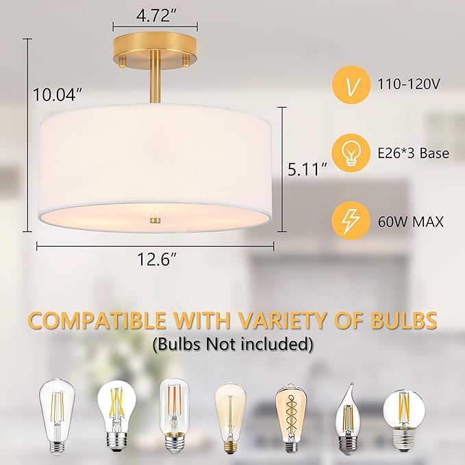 3-Light Semi Flush Mount Ceiling Light Modern Gold Drum Light Fixtures with White Fabric Cover Shade Round Chandelier for Bedroom Living Room Kitchen and Hallway