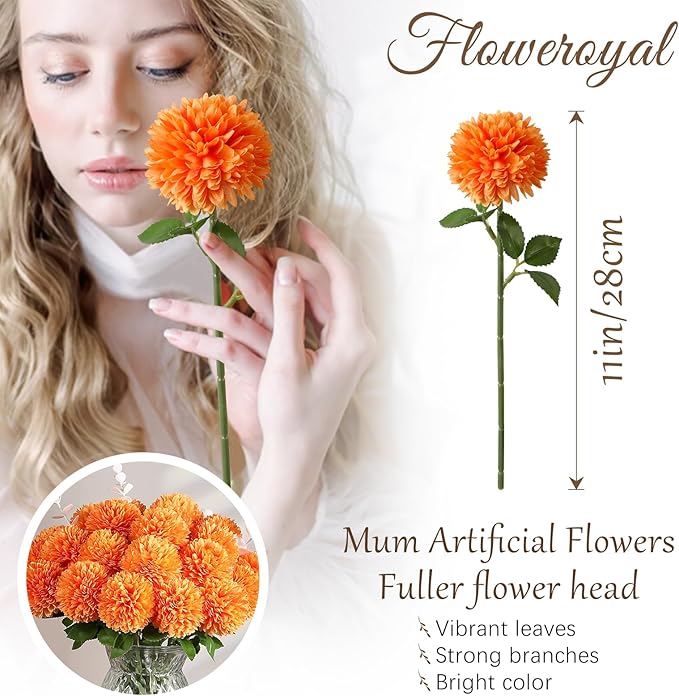 Floweroyal 24pcs Fall Flowers Artificial Chrysanthemum Ball Flower, Fake Mums Silk Hydrangea Flowers Bridal Wedding Bouquet for Home Garden Party Office Autumn Decor