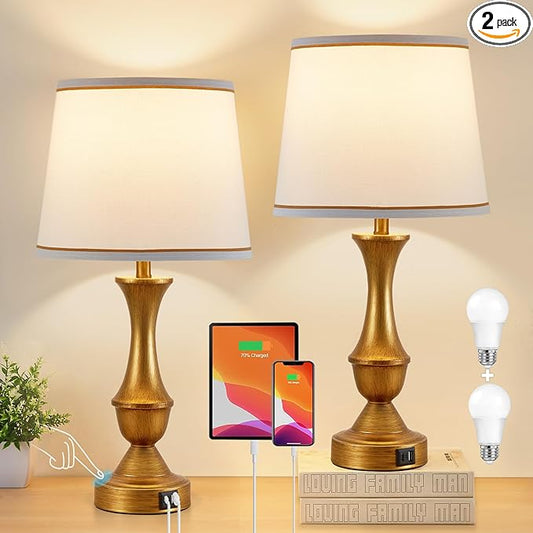 Luvkczc Gold Touch Table Lamps Set of 2, 22" Bedside Lamps with USB C+A Ports, 3 Way Dimmable Nightstand Lamps with White Lampshade,Table Lamps for Bedroom Living Room Bedroom Office, Bulbs Included