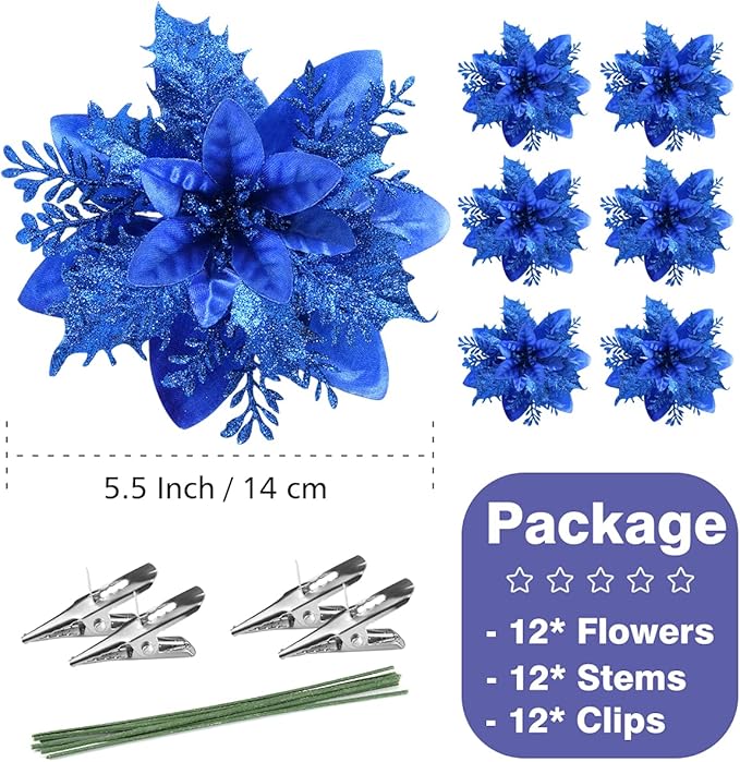 Christmas Poinsettia Artificial Flowers Decorations 5.5" Christmas Tree Wreaths Garland Decoration 12 Pcs Glitter Flowers Picks Decor for Xmas Wedding Party Ornaments (Royal Blue)