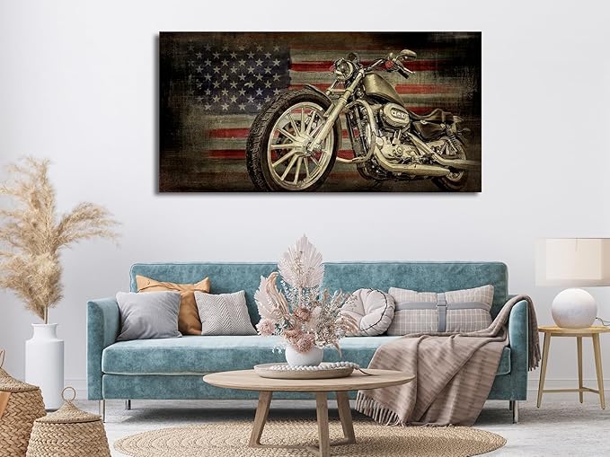 yearainn American Flag Motorcycle Wall Art - Vintage Map of USA Pictures Retro Motorcycle Wall Decor American Freedom Ride Canvas Painting Print Modern Classic Artwork for Office Home Decor 29" x 58"