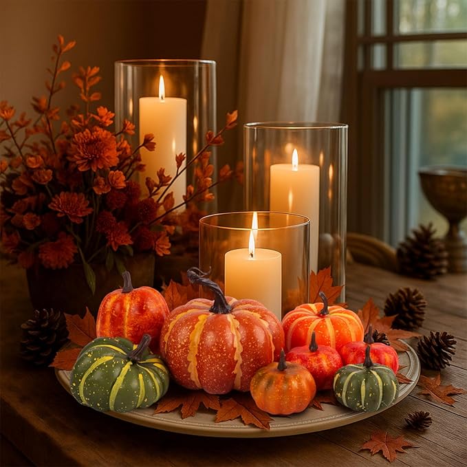 DomeStar 38PCS Fake Pumpkin Set, 8PCS Pumpkins for Decorating with 30PCS Maple Leaves Fall Harvest Decorations for Home, Thanksgiving Table Centerpieces and Halloween Decor