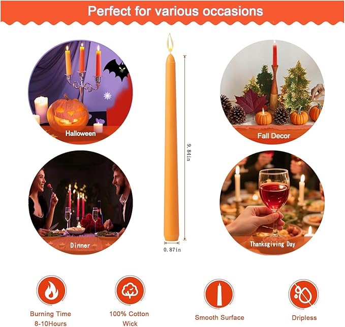 6Pcs Taper Candles Orange Set,10 Inch Colored Fall Candle Sticks,Dripless Unscented Long Burning Candlesticks for Thanksgiving Dinner,Autumn Seasonal Pumpkin Party,Church,Holiday Decoration