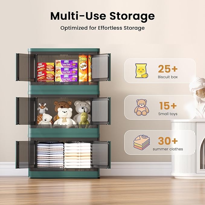 8.4Gal Collapsible Storage Bins with Lids & Wheels - 2 Pack Stackable with Doors, Heavy-Duty Plastic Containers for Home/Office, Green