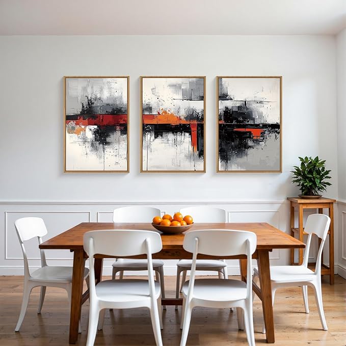 HOURIA Modern Abstract Framed Canvas Wall Art Set,Neutral Black and Orange Wall Decor,Textured Gray White Wall Painting,Pastel Strokes Art Prints for Living Room, Bedroom, Farmhouse-16 x24 x3