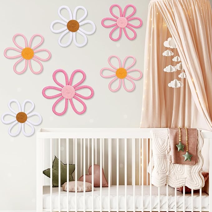 Barydat 6 Pcs Boho Nursery Decor Daisy Flower Woven Macrame Wall Hanging 3 Size Daisy Flower Wall Decor Bohemian Nursery Decorations for Home Dorm Art(Cute Color)