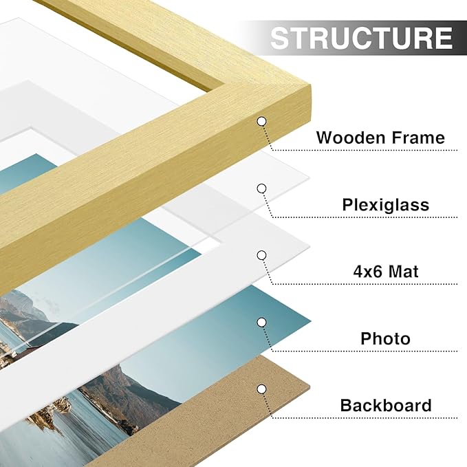 Vittanly 6x8 Picture Frames Set of 9, Shatter Resistant Plexiglass, Display 4x6 Pictures with Mat or 6x8 without Mat, Photo Frames for Wall or Tabletop, Engineered Wood, Gold