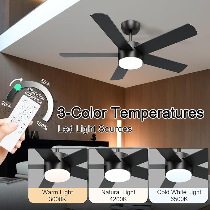 42 inch Black Ceiling Fans with Lights and Remote Control, LED Ceiling Fan Dimmable 3 CCT 6-Speed, Noiseless Modern Ceiling Fan for Bedroom, Living Room, Dining Room, ETL Listed