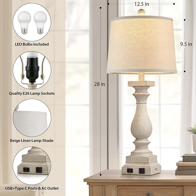 28" Tall Farmhouse Table Lamps Set of 2 with USB C+A Ports and AC Outlet, 3 Way Touch Control Rustic Bedside Lamp for Bedroom, Beige Vintage Nightstand Lamp for Living Room Office