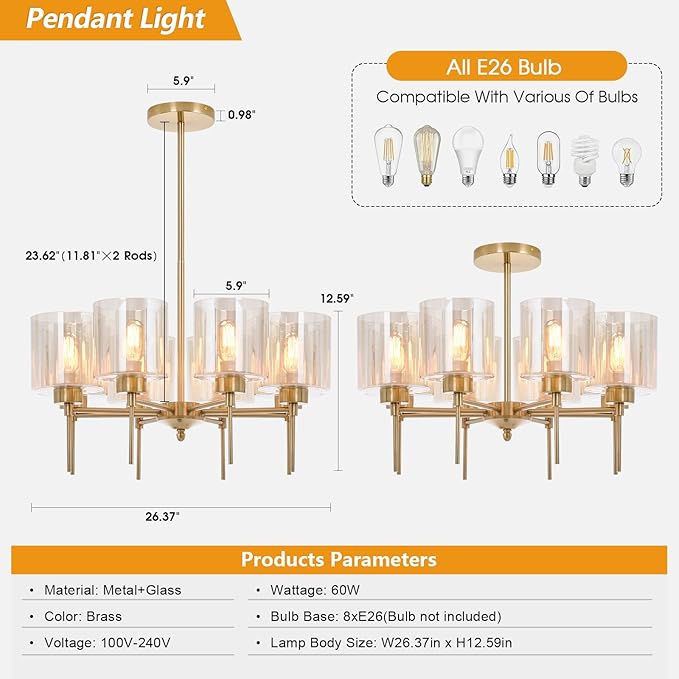 Brass Modern Chandeliers, Metal 8-Lights Chandelier Light Fixture with Amber Glass Shade, Hanging Pendant Lighting for Living Room, Dining Room, E26