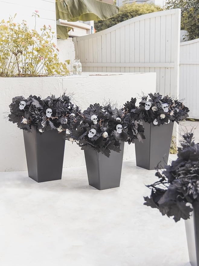 18pcs Fake Plants Outdoor, Halloween Maple Pumpkin Branch, Autumn Artificial White Pumpkins Stem with Black Maple Leaves, Faux Maple Leaves Spray for Halloween Thanksgiving Home Deocr(Black)