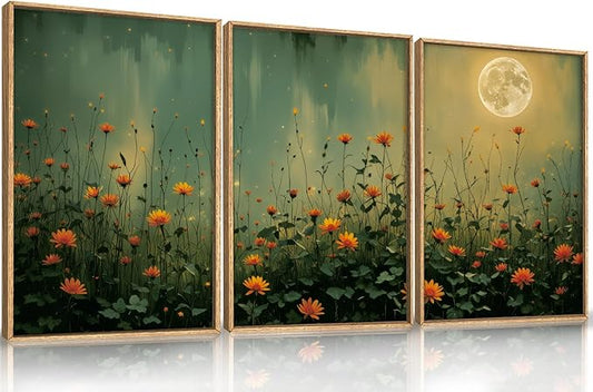 HOURIA Mystical Midnight Wildflower Framed Canvas Wall Art Set,Moonlit Orange Floral Wall Decor,Nature Inspired Landscape Artwork,Watercolor Art Prints for Living Room,Bedroom,Farmhouse-24 x36 x3