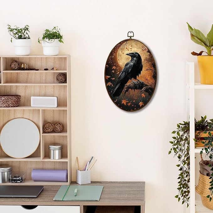 JQF Crow Decor, Fall Gothic Raven Oval Wall Art, Vintage Rustic Fall Crow Oval Canvas Wall Art, Dark Cottagecore Gothic Autumn Raven Framed Prints Hanging Decor for Home Bedroom Living Room, 8.5x11.5 Inch