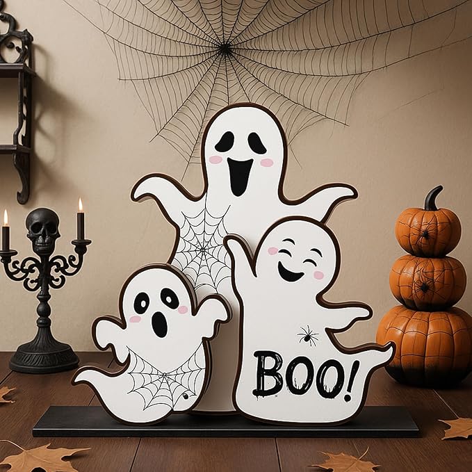 Halloween Ghost Table Decorations Cute Ghost Decor Indoor Halloween Wooden Table Centerpieces Farmhouse Boo Signs Tiered Tray Decor for Party Desk Home Living Room