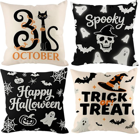 Halloween Pillow Covers 16x16 inch Set of 4, Linen Outdoor Farmhouse Cute Ghost Vintage Cat Skull Spooky Trick or Treat Party Supplies Black and White Decorations for Sofa Couch