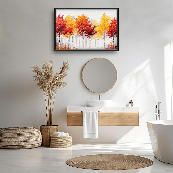 Fall Forest Framed Wall Art for Living Room, Large Red Trees Canvas Wall Decor, Red Leaf Landscape Pictures Painting, Modern Artwork for Living Room Bedroom 36L'' × 24W''