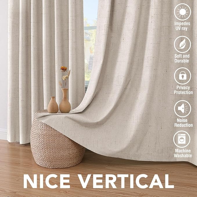H.VERSAILTEX 100% Blackout Curtains for Bedroom 84 Inches Long Grommet Linen Face Full Light Blocking Curtain Drapes for Living Room Thermal Linen Look Curtains 2 Panels Set, 52" W x 84" L, Natural