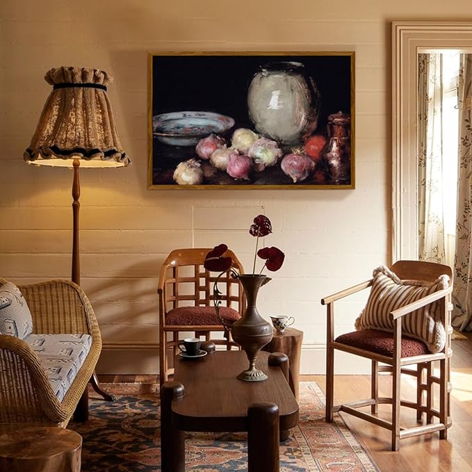 crmotu Framed Canvas Wall Art, Kitchen Still Life Aesthetic Art Prints, Tabletop Onions Vintage Large Artwork, Black Wall Paintings for Living Room Bedroom Gallery Rustic Farmhouse Decor 24x36in