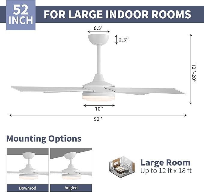 WINGBO 52 Inch Ceiling Fan with Lights and Remote, 3CCT, Modern Ceiling Fan with Ripple Glass Shade, 6-Speed Reversible DC Motor for Bedroom Living Room Kitchen Hallway, Gloss White