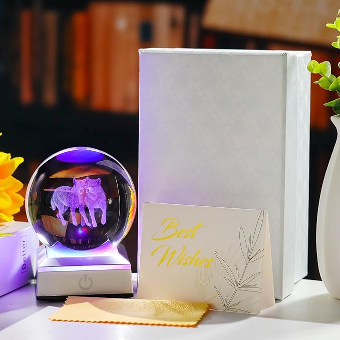 Ornalrist Wolf Gifts for Women, Men - 3D Crystal Ball Engrevd Couple Wolfs 3.15'' with LED Light Base - Wolf Lover Night Light Figurinefor Home Decor