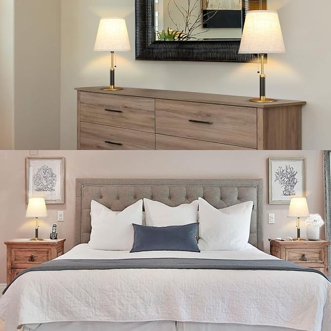 18.9" Bedside Lamps Set of 2 Small Vintage Table Lamp for Bedroom Nightstand Lamp for Living Room 3-Color Temperatures Pull Chain Wood Fabric for Home Office Dorm Decor (Light Brown+Brass)