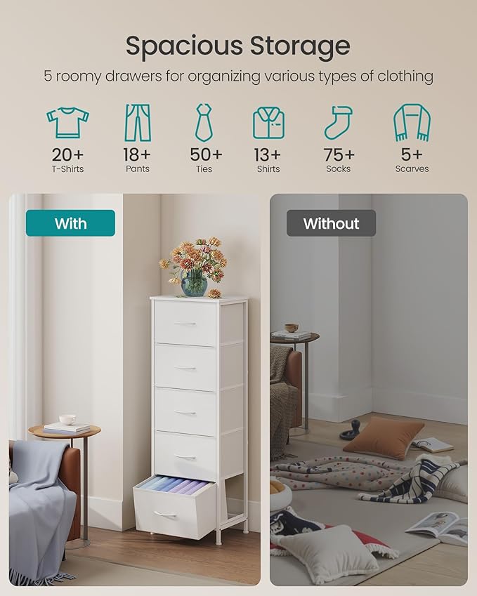 SONGMICS Dresser for Bedroom, Chest of Drawers, Steel, MDF, 5 Non-Woven Fabric Drawers, Storage Organizer Unit, Closet, Entryway, Cloud White and Snow White ULGS315W01S