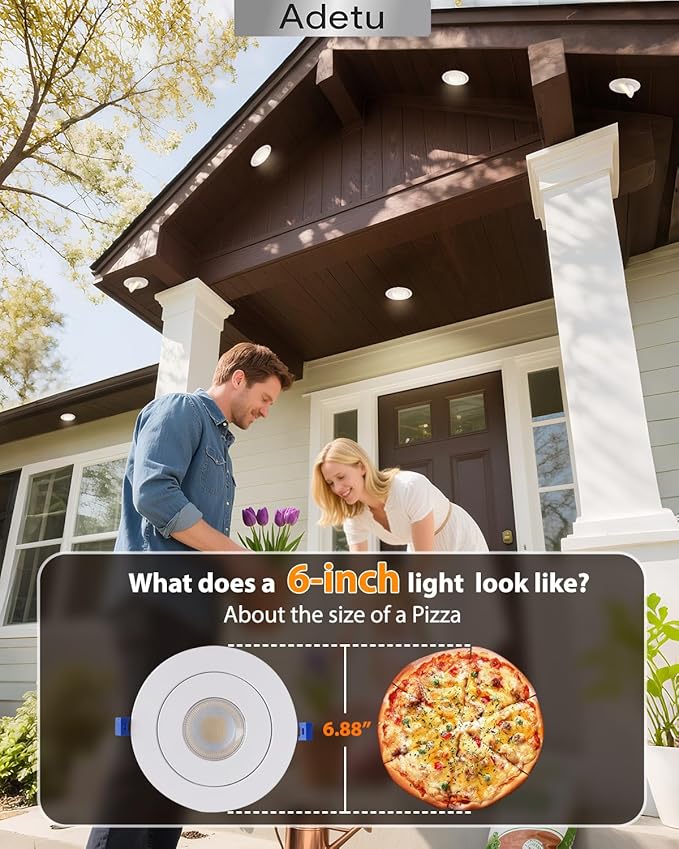 Adetu Led Recessed Lighting 6 inch, 360°+90° Adjustable Directional Gimbal 6 inch Led Recessed Light, 2700K-5000K 5CCT Dimmable Retrofit Eyeball Can Recessed Lights with Jbox, ET (White, 6 Pack)