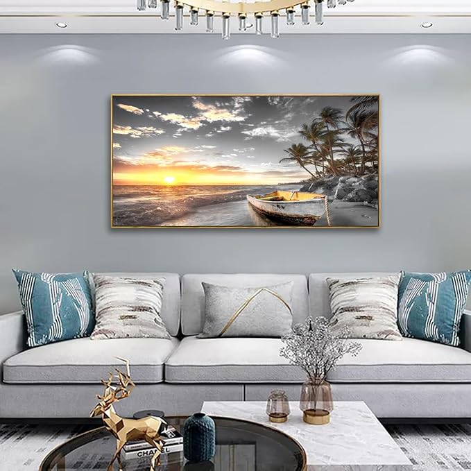 Beach Wall Art Sunset Seascape Pictures Bedroom Decor Boat Tree Ocean Landscape Canvas Wall Art for Living Room Office Natural Scenery Artwork 20 * 40inch