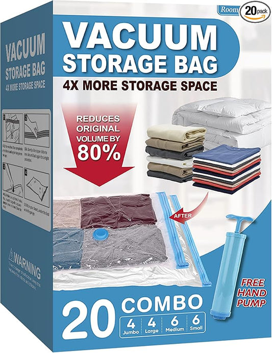 20 Pack Vacuum Storage Bags with Pump, Space Saver Vacuum Storage Bags, Vacuum Seal Bags for Clothing, Comfoters, Pillows, Blanket, Bedding