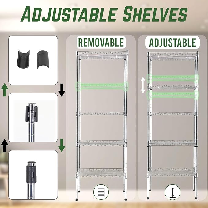 PayLessHere | 5-Tier Wire Shelf | 17"x12"x48" | Chrome | Adjustable Racks | Heavy-Duty Storage Shelves, Holds Upto 750 lbs | Rust-Resistant, No-Tool Assembly | for Home, Garage Shelving